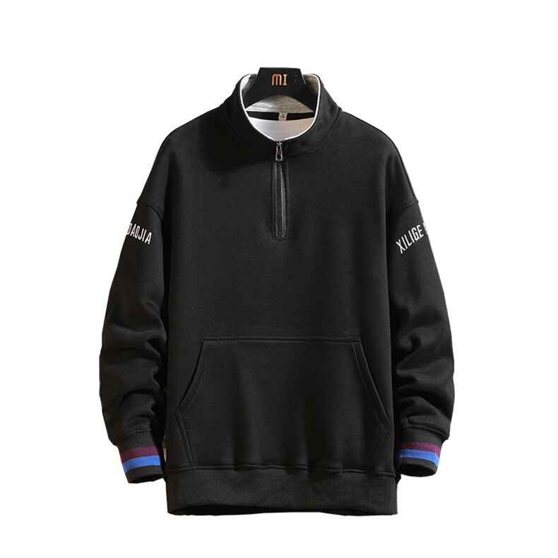 2019冬季新日系黑墙大码宽松刺绣立领拉链加绒加厚卫衣男W657-P60,男装卫衣,电商A001