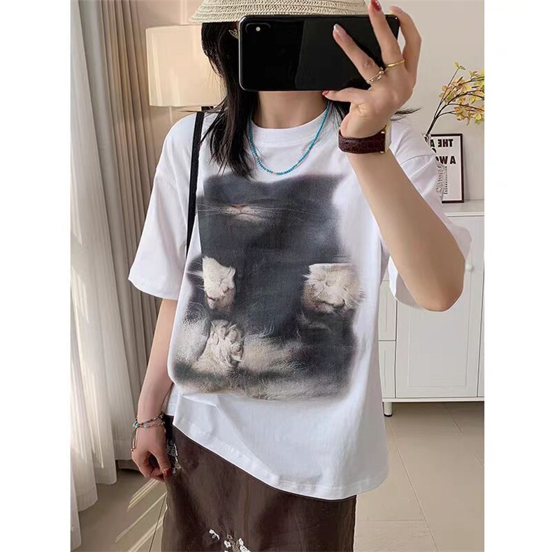 2025时尚百搭致知猫咪印花T恤,女装T恤,湘姗