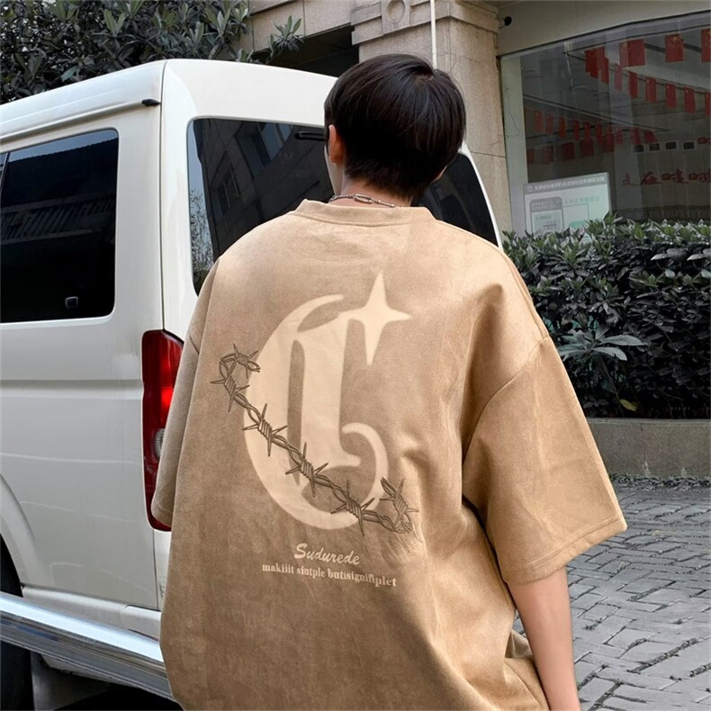 美式复古印花麂皮绒短袖T恤男女夏季宽松百搭情侣上衣HT16-P28,男装T恤,星座1008-1