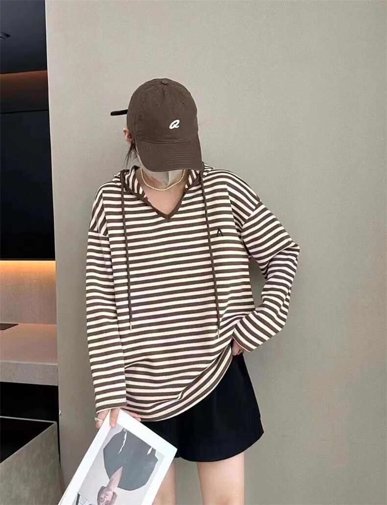 早春新款宽松休闲条纹连帽卫衣，女装卫衣/绒衫，那简