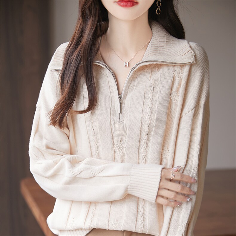 重磅加厚纯棉线针织拉链半开领毛衣女2025秋冬保暖翻领长袖打底衫,针织衫/毛衣,佳绒高端店