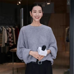 刘雯同款圆领山宽松灰色慵懒风毛衣女冬加厚设计感小众针织衫图片