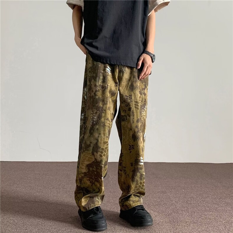 美式迷彩工装裤子男士潮牌高街复古宽松直筒阔腿休闲牛仔长裤,男装休闲裤,星座410-6（原星座1304-1）