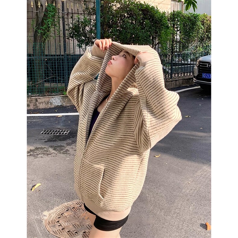 [网图]加绒条纹连帽卫衣美式复古开衫宽松外套5D1202-TP65118,女装短外套,电商A102