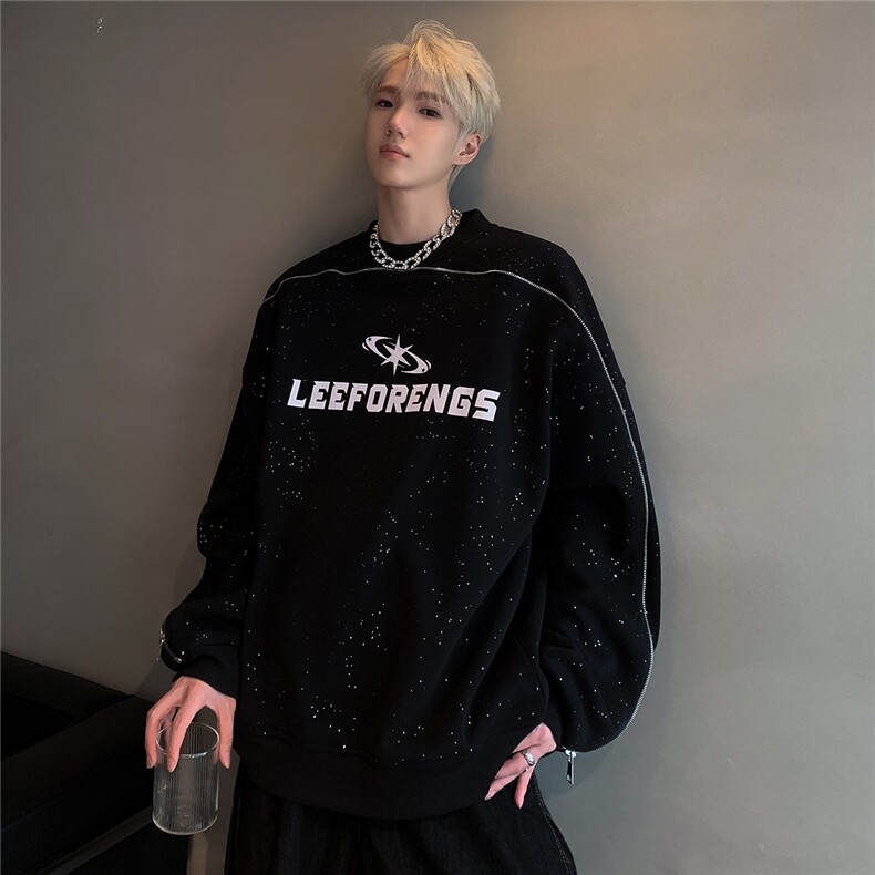 满天星圆领插肩袖拉链装饰黑色卫衣男女美式复古百搭外套w86--P78,女装短外套,电商C307A