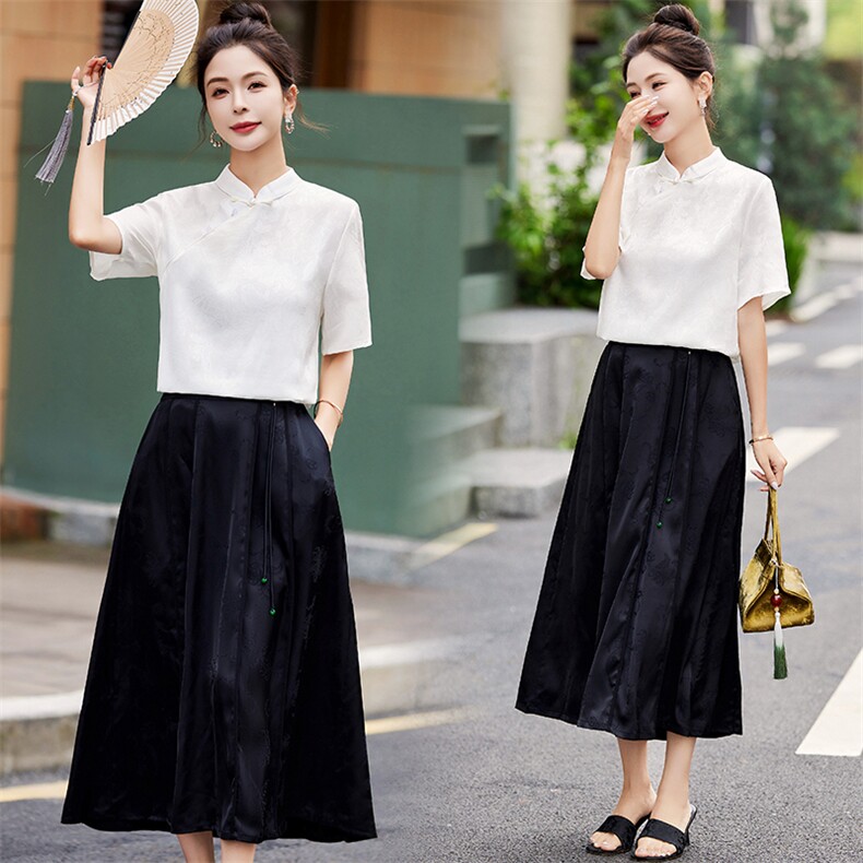 2024夏季新款高端新中式改良国风盘扣连衣裙女两件套小个子马面裙，女装套装/套裙，新依时派