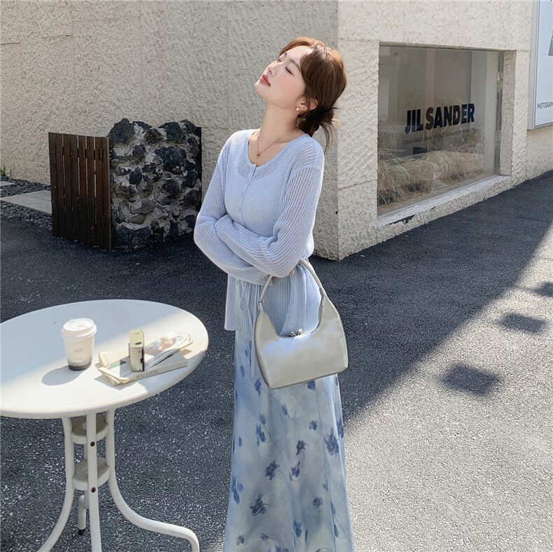 法式温柔风针织开衫印花半身裙两件套女春夏气质氛围感穿搭A字裙,女装套装/套裙,维壹