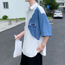 2021男短袖衬衫宽松牛仔拼接口袋装饰日系学生个性衬衣W857-P32，男装衬衫，星座512-2