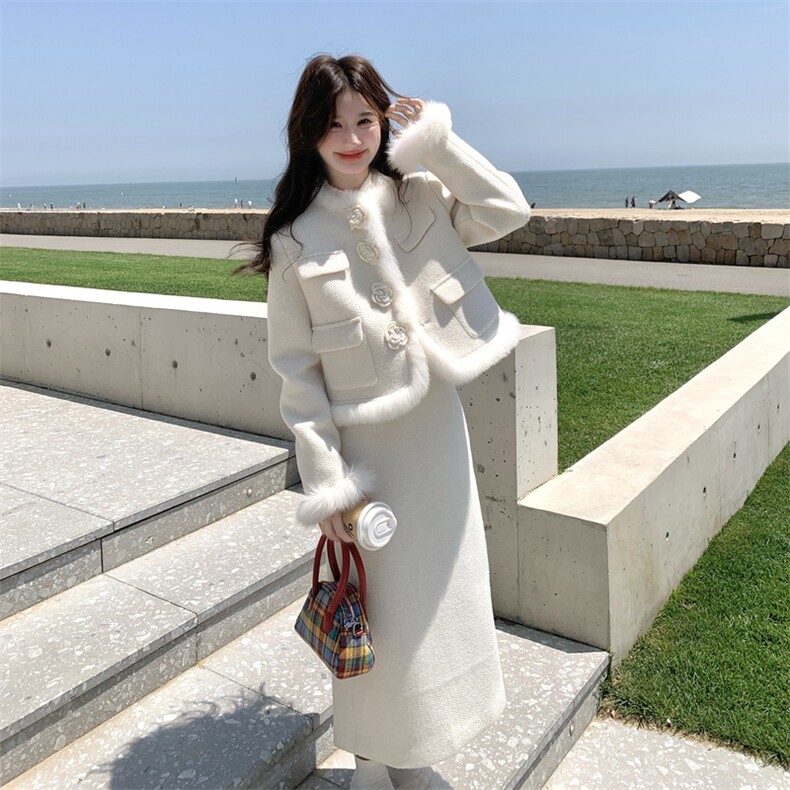 白色小香风羽绒服毛呢外套女冬季高级感韩系显瘦加厚半身裙两件套,女装套装/套裙,2C151