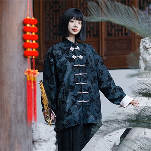中性新中式（蝴蝶）潮风中式夹克立体植绒印花手工盘扣唐装图片