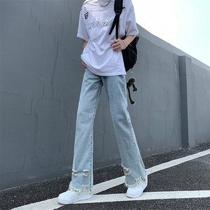 现货 黄泥美式vibe裤高街黑色破洞微喇直筒毛边牛仔裤男 K890-P55图片