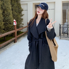 高级感双面羊绒大衣女冬季新款中长款韩版系带收腰毛呢外套老钱风，女装毛呢外套，韩然一族
