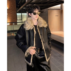 美拉德棕色毛毛拼接连帽外套美式扮演皮夹克棉服mj1093-p168，男装夹克，电商B288