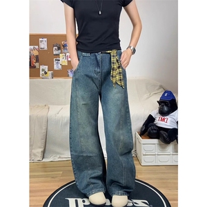 春季美式复古水洗做旧工艺牛仔裤男宽松弯刀拖地裤潮长裤 NB251图片