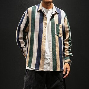 秋季中国风宽松潮男休闲粗条纹棉麻长袖衬衫嘻哈情侣衬衣C110/P55图片