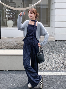 洋气时髦设计感复古格纹套装女2026春夏新款开衫吊带阔腿裤三件套图片