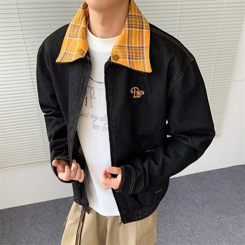 得物品质秋款男牛仔夹克衫刺绣格子领拼接宽松外套JK1041P85,男装工装外套,星座1013-1