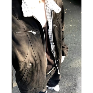 美式复古格纹工装夹克男女春秋百搭宽松立领工装外套潮流图片