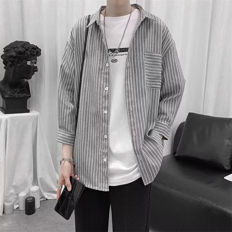港风条纹七7分袖衬衫男潮流寸衫宽松休闲夏季外套男士美式衬衣,男装衬衫,星座1210-1