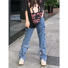 欧美hiphop裤子设计感高级感绑带开叉工装牛仔裤美式高街男拖地裤，男装牛仔裤，星座601-2