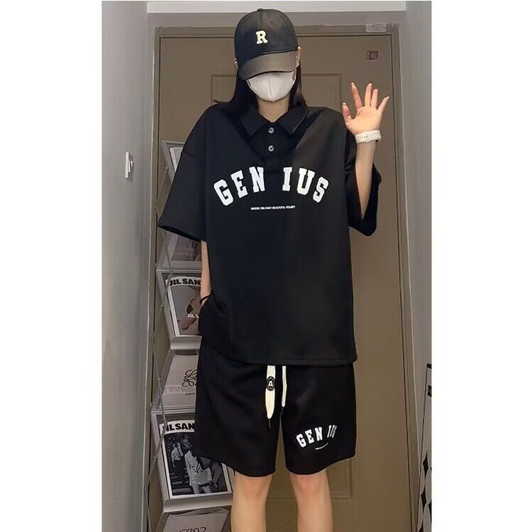 2025美式潮流POLO衫短袖男女同款夏季痞帅宽松上衣短裤套装男,男装休闲套装,星座1210-1