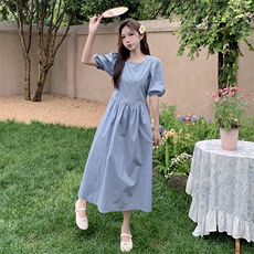 甜美少女风粉色泡泡袖连衣裙女夏季2025新款韩系氛围感显瘦a字裙，女装连衣裙，2C159