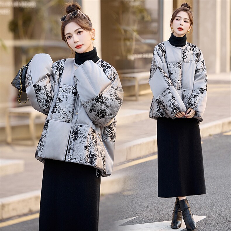 新中式g风提花拼接保暖羽绒服女2025冬季新款水墨画宽松加厚外套,女装羽绒服,曼娅璐