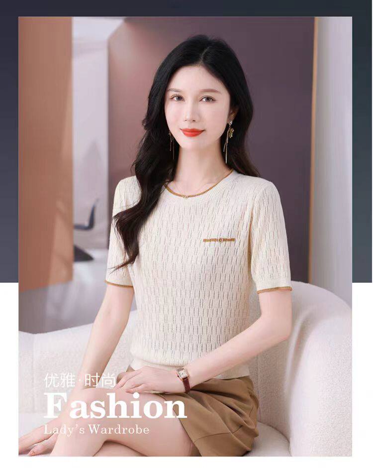 短袖t恤女2025新款设计感小众撞色锁骨显瘦上衣夏季，女装T恤，魅途羊绒