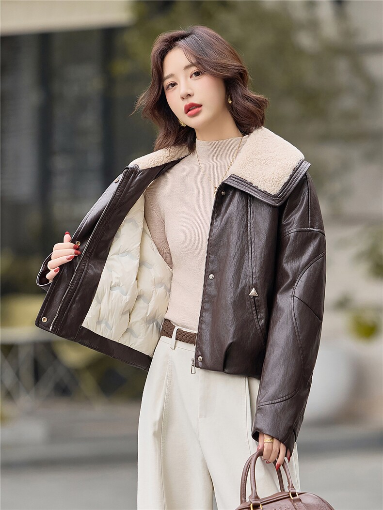 数据好90绒羽绒服。2025冬季新款PU皮羊羔毛领子90绒羽绒服外套女,女装短外套,E百度