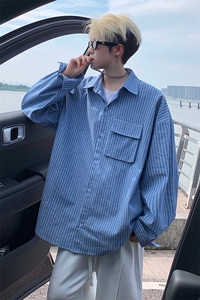 衬衫男春季新款港风宽松大码立体口袋纯棉条纹长袖衬衣CS3099-P42图片