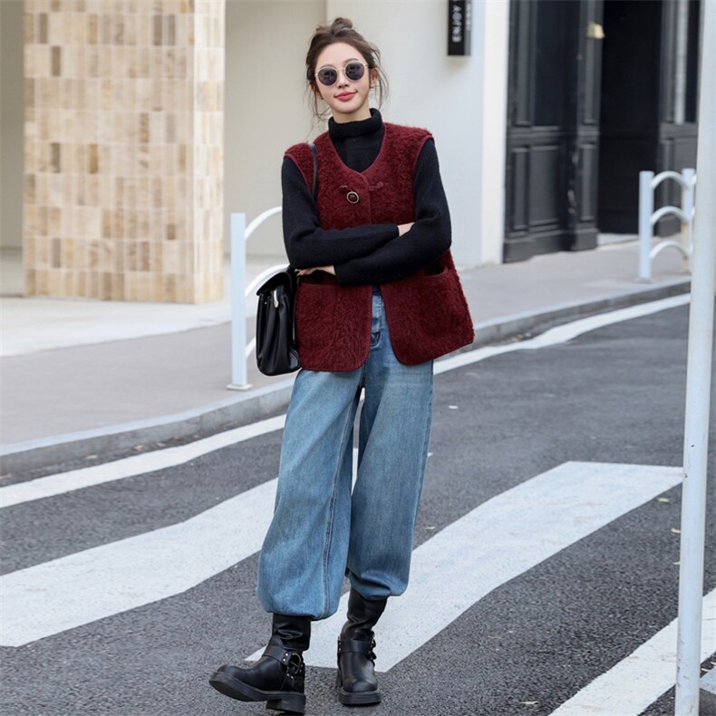 202冬季新款环保皮毛拼接双排扣马甲毛绒一体外套,女装马甲,瑶迪依秀