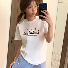 美式黑色正肩短袖t恤女夏季星星印花辣妹tee修身显瘦vintage上衣，男装T恤，星座506A