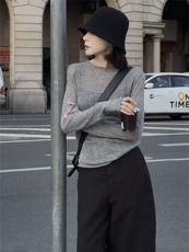 休闲卷边圆领薄款高街长袖，女装针织衫/毛衣，雪真羊绒