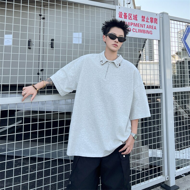 新款男士黑色休闲Polo衫短袖ins宽松时尚百搭T恤潮流T58-P45图片