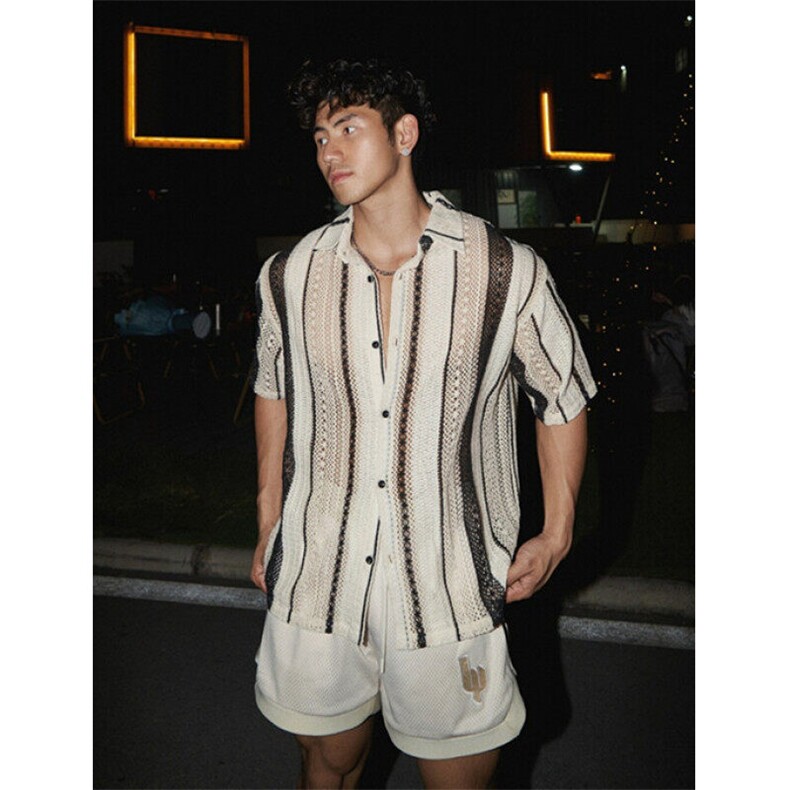 复古条纹镂空网面短袖衬衫男女夏季海岛度假休闲ins衬衣CA6733,男装T恤,星座1116A（原606A-3）
