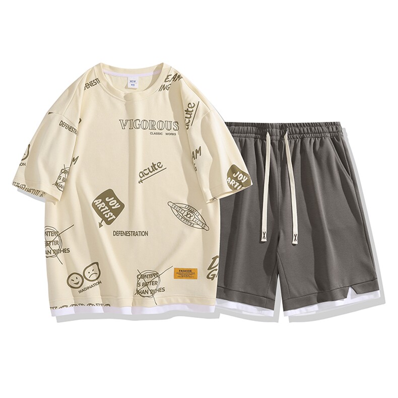 夏季运动套装日系白底休闲百搭时尚短套装CK2410+TC3156-P54控89,男装休闲套装,星座717