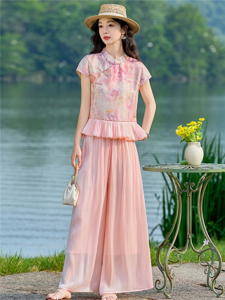 2026年夏季新款新中式印花套装女时尚小个子显瘦流光裤两件套,女装套装/套裙,众宇琦
