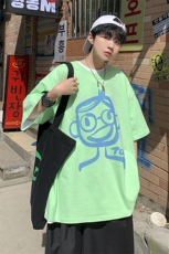 大码夏季宽松港风男装笑脸印花T恤宽松情侣上衣A071-5516-P28，男装T恤，电商A071
