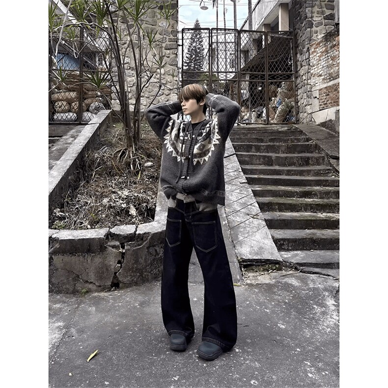 抖音得物秋冬新款开衫毛衣美式复古休闲慵懒风V领针织衫男外套潮,男装针织衫/毛衣,电商A443
