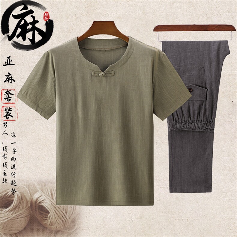 主推长年货高品质中老年风亚麻套装短袖T恤亚麻长裤套装，男装中老年男装，钱塘723