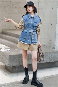 现货-牛仔拼接风衣女2024秋装新款韩版宽松中长款百搭港风外套，女装风衣，霓裳依族