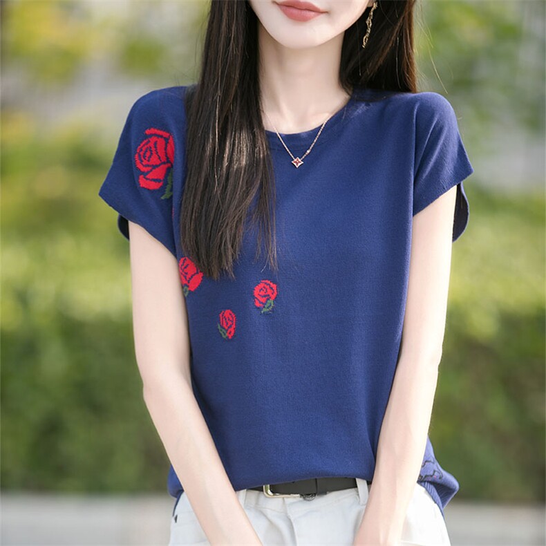 2025夏季新款圆领玫瑰提花短袖女莱塞尔天丝宽松洋气百搭薄款针织图片