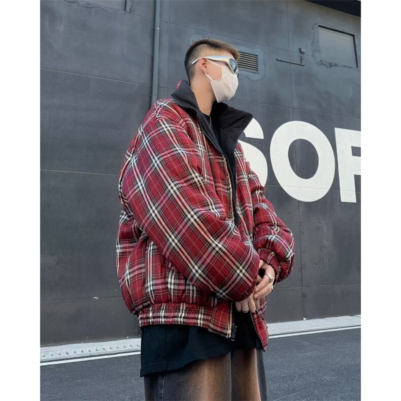 双面秋冬美式复古条纹格子两面穿棉服男面包服棉衣外套W3343-P89,男装棉衣,星座1109-3