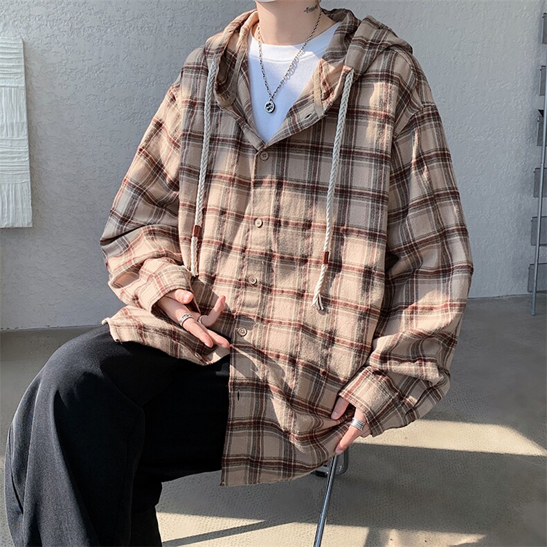秋季新款港风日系复古纯棉慵懒风格子连帽衬衫男潮ins ZC775-P48图片