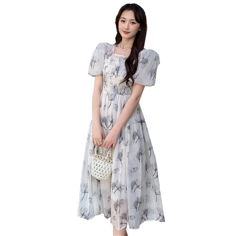 《现货新品》法式轻熟风泡泡袖水墨花连衣裙,女装连衣裙,MQ