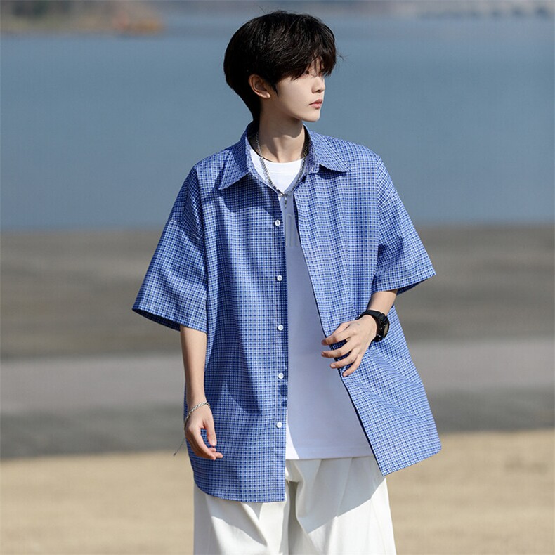 8XL-M短袖衬衫男夏宽松慵懒风痞帅条纹格子衫半袖外套DC28005P40,男装衬衫,电商B312