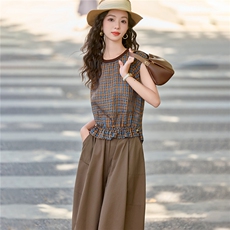 2026年夏季格纹小衫阔腿裤减龄套装两件套女，女装套装/套裙，依路服饰