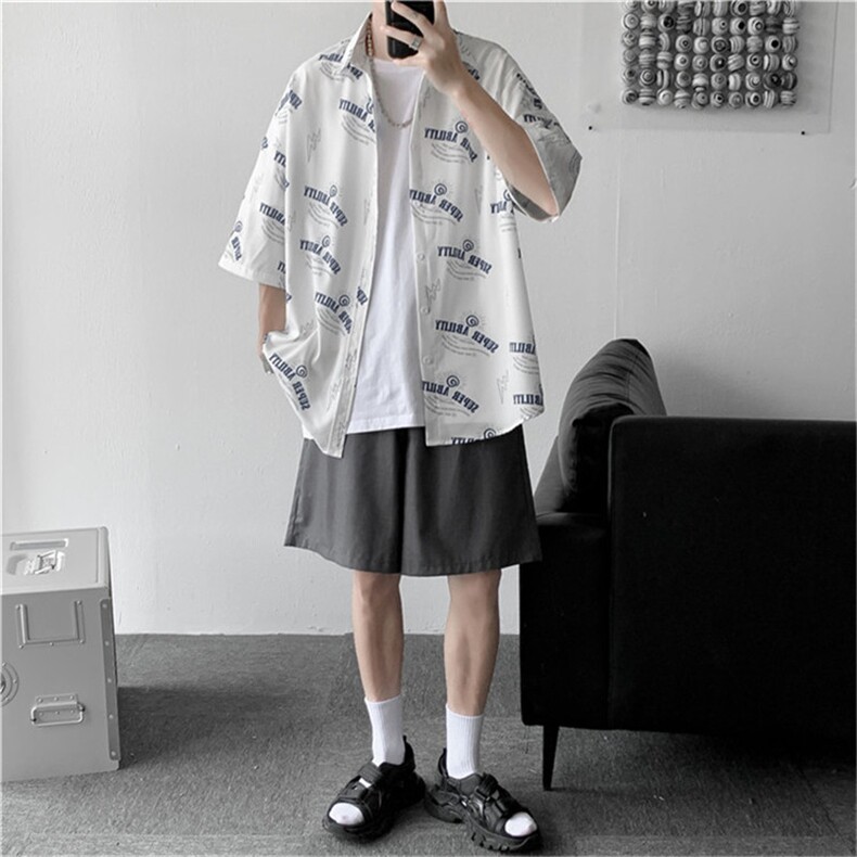 新款满印衬衫男士短袖港风慵懒衬衣宽松小众衬衫外套W822-P32,男装衬衫,星座512-3