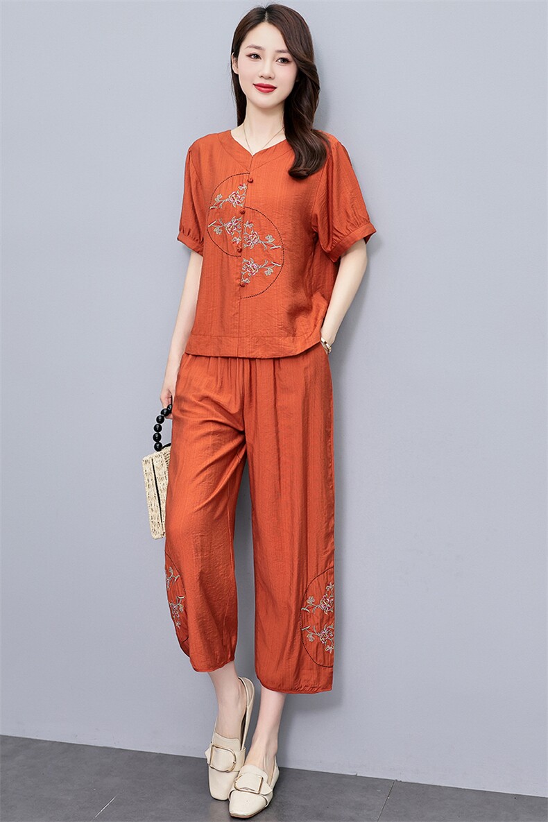 复古刺绣天丝棉麻套装女2024夏新款休闲气质减龄七分阔腿裤两件套,女装套装/套裙,涵墨