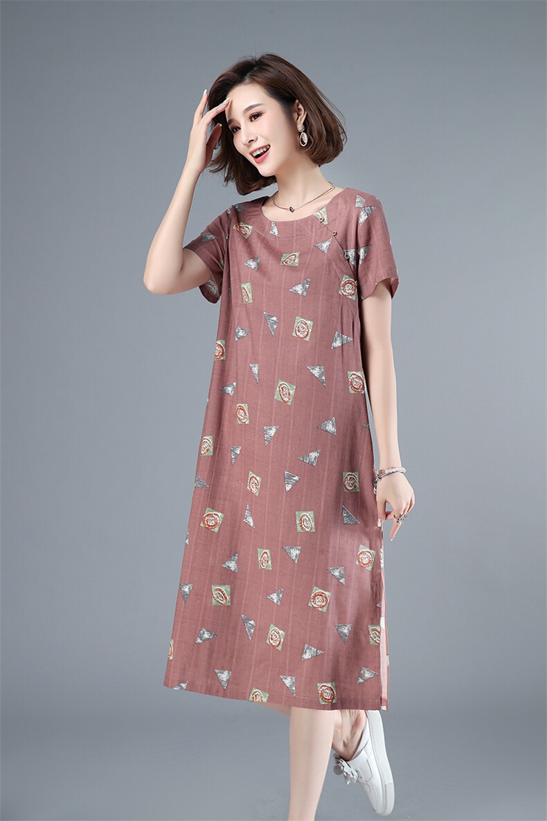 2021年夏季通勤韩版短袖套头A字裙40-49周岁圆领印花裙子,女装连衣裙,伊满意
